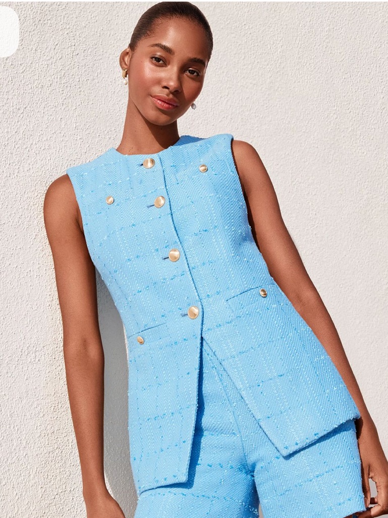 Ann Taylor Light Blue Tweed Vest With Gold Buttons